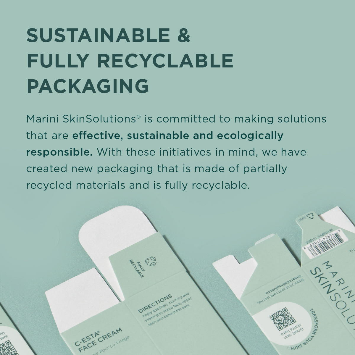 Sustainable and fully recyclable packaging with text about Marini SkinSolutions' commitment to eco-friendly practices.